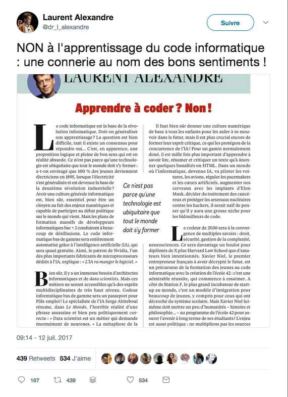 NON à l'apprentissage du code informatique